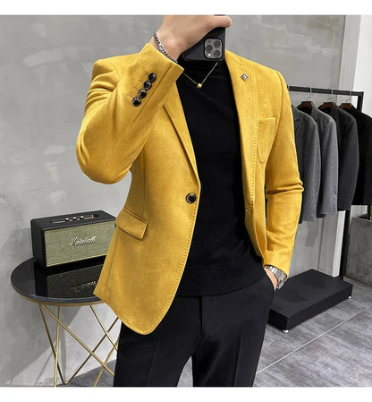 2023 Spring Suede Suit Jacket Men Casual Business Slim Fit Blazer Deerskin Leather Jacket Men Wedding Street Wear Social Coat