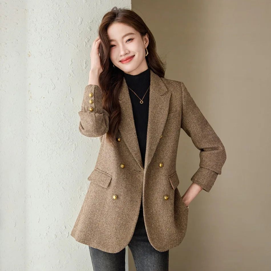 Fashion Grey Blazer Women Coffee Long Sleeve Casual Jacket for Autumn Winter Female Coats Double-Breasted Suit Women’s Clothing