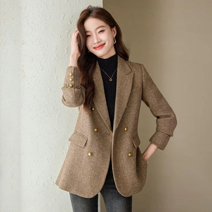 Fashion Grey Blazer Women Coffee Long Sleeve Casual Jacket for Autumn Winter Female Coats Double-Breasted Suit Women’s Clothing