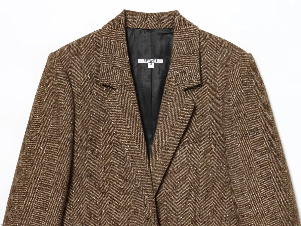 Woman Winter Lapel Pocket Decoration Single Breasted Long Sleeves Herringbone Twill Blazer Female Leisure Street Style Coat