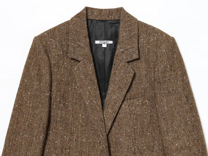 Woman Winter Lapel Pocket Decoration Single Breasted Long Sleeves Herringbone Twill Blazer Female Leisure Street Style Coat