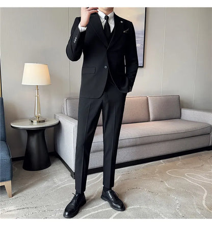 Men's 3 Piece Suit Set Double‑Button Solid Color Slim Fit Business Casual Wedding Banquet Party Jacket Vest Pants Formal Outfit