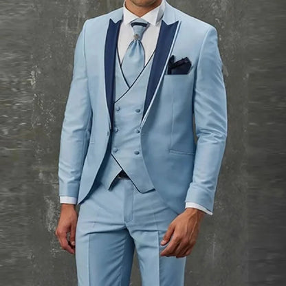 Sky blue Men wedding suits Slim Fit Sky Blue Tuxedo Peak Lapel 3 Piece Suits Wedding Custom Groom Dinner Party Formal Costume