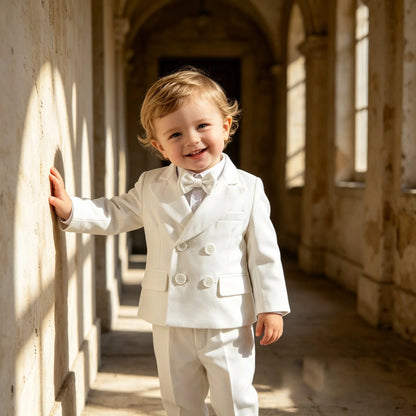 Baby Boy 4Pcs White Formal Suit Double Breasted Blazer Pants Suspenders Bow Tie Toddler Wedding Birthday Party Gentleman Costume