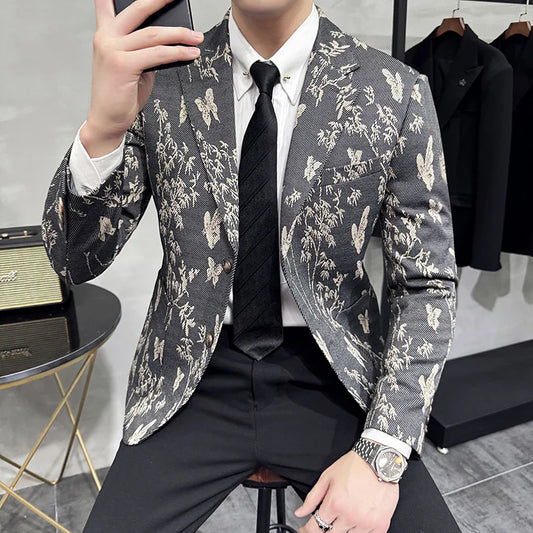Brand Jacquard Suit Jacket for Men Fashion Casual Business Blazers Wedding Social Banquet Party Formal Dress Coats Men Clothing