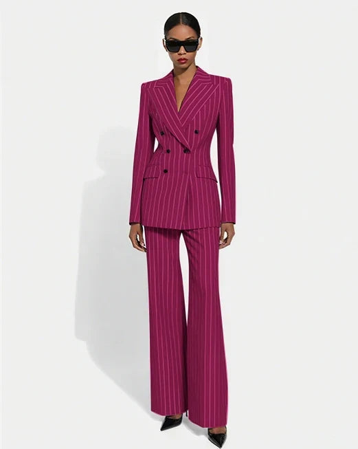 Black Stripe Double Breasted Women Blazer Sets Fashion Slim Pants Suits Custom Made Clothing