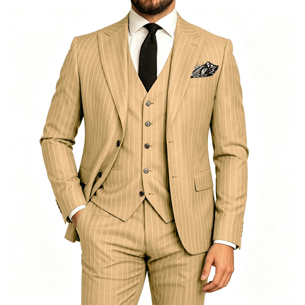 Men's Striped 3-Piece Suit – Slim Fit Blazer, Vest & Pants for Formal & Wedding Wear