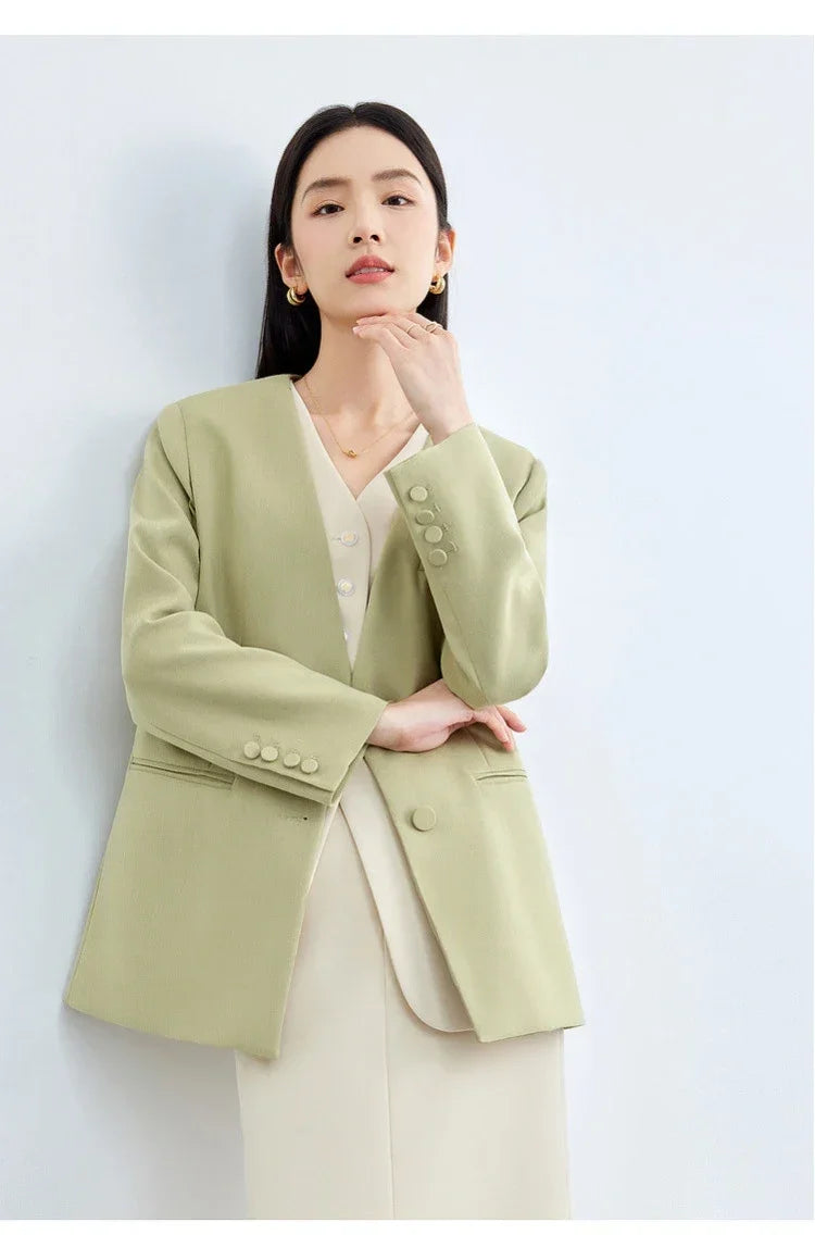 Women Blazer Khaki Green Suit Jacket 2026 Spring V Neck Office Lady Long Sleeve Outerwear Woman Clothes 141X52951