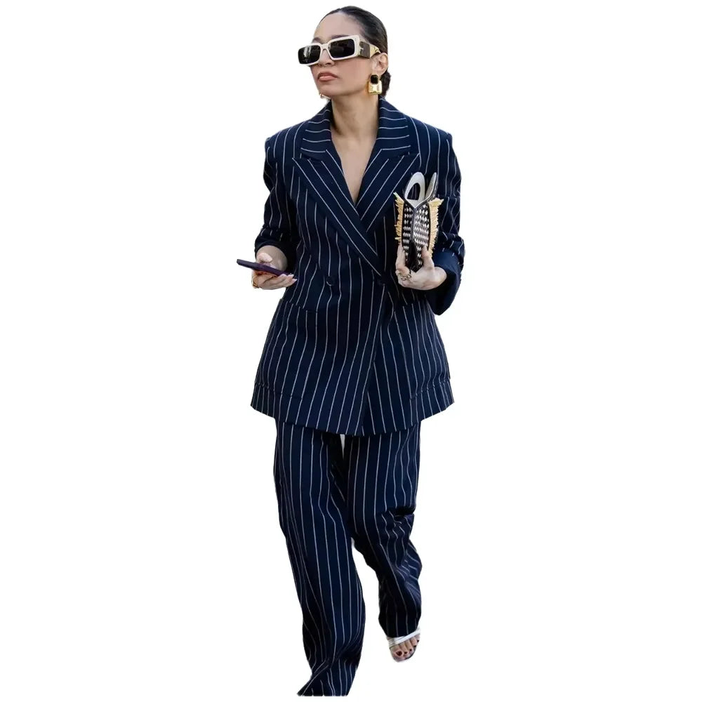Navy Blue Striped Women's Suit Classic Double Breasted Oversized Peak Lapel Blazer Pants Elegant Office Lady Casual 2 Pieces