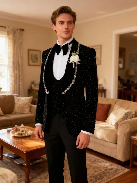 Exquisite Beaded Crystal Men's Suits 3 Pieces Dancing Wear Handsome Shawl Lapel Slim Fit Suit Set Banquet Party Tuxedo S-3XL