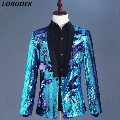 Men's Double-Sided Sequin Tuxedo Blazer Fashion Glitter Suit Jacket Prom Evening Party Host Stage Nightclub Male Singer Costume
