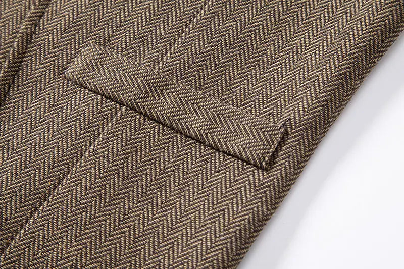 Men's Triple-Breasted Herringbone Tweed Vest – Retro Fake Two-Piece Waistcoat for Weddings & Smart-Casual Occasions