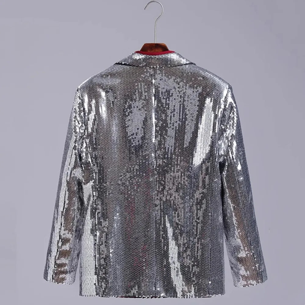 Men's Casual Blazers Suit Jackets Singer Silver Sequins Party Glitter Club Bar Concert Shiny Coat Stage Performance Costume