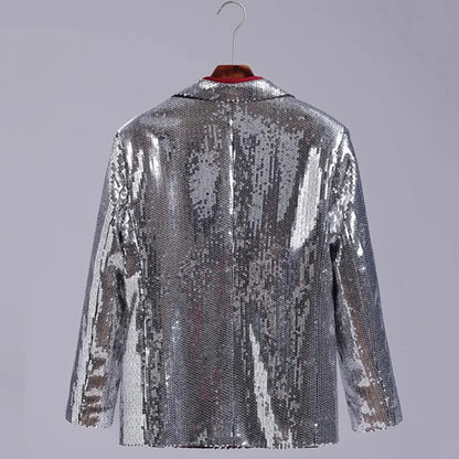 Men's Casual Blazers Suit Jackets Singer Silver Sequins Party Glitter Club Bar Concert Shiny Coat Stage Performance Costume
