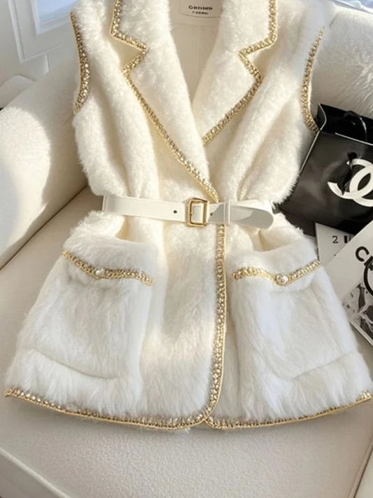 2025 Mohair Soft Fur Knitting Blazers Waistcoat Thicken Winter Vest Jackets Women Elegant White Sleeveless Outerwear Office Lady