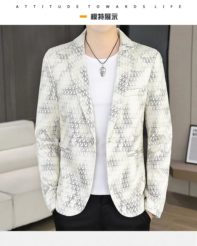 Korean Fashion Suit Jacket Men Slim Fit Geometric Printed Casual Business Blazers Autumn Social Groom Hairstylist Uniform Jacket