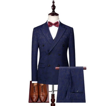 Men Suit 3 pcs set 2020 New Double Breasted Printing Slim Suit Business Men blazers Wedding Groom Party Boutique Suit