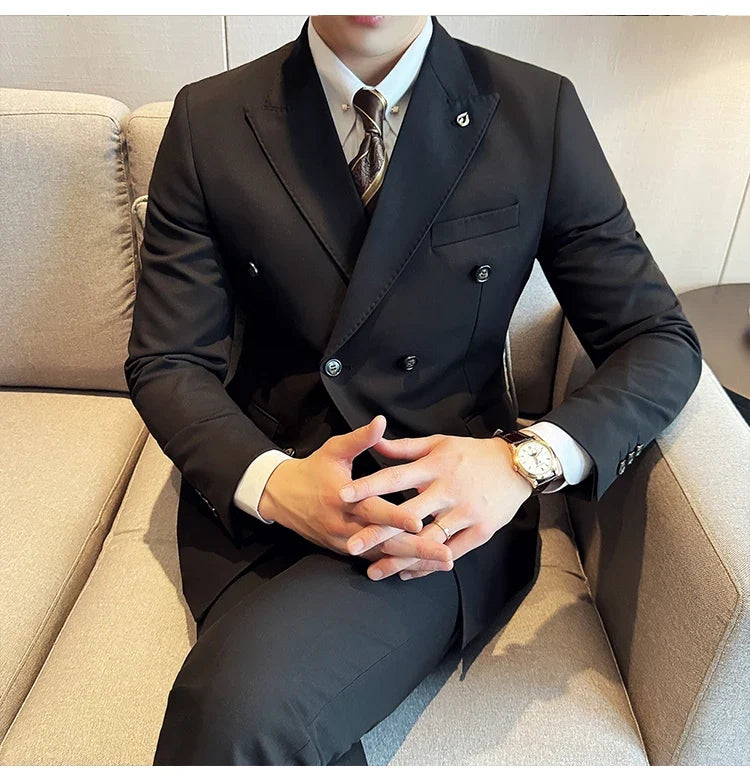 Men's Double Breasted Slim Fit Suit Set – Wedding & Smart Casual – Navy Blue, Brown, Black