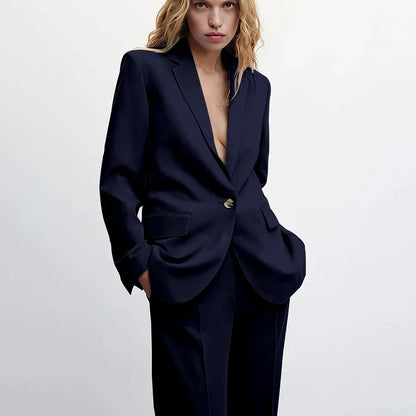 Graceful Blue Notch Lapel Suits For Women Casual Single Breasted 2 Piece Daily Interview Business Speech Outfits Jacket Pants
