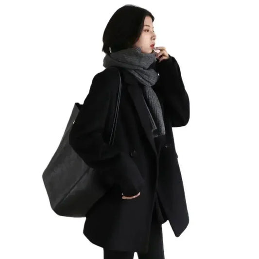 Autumn Winter Korean Women Woolen Blazer Cotton Lining Thick Warm Jacket Solid Color Coat Female Woman Office Lady Tops