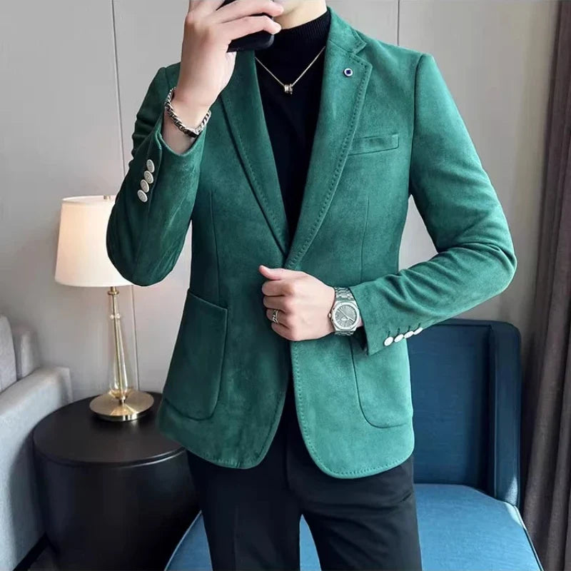British Style Autumn Suede Business Casual Suit Jacket for Men High Quality Social Office Blazers Wedding Groom Dress Coats