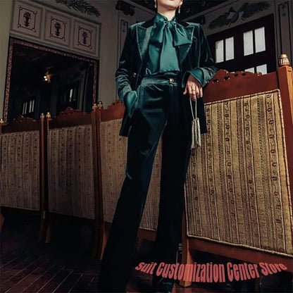 Vintage Velvet Women Blazer Suits Customized Peaked Lapel Loose 2 Pieces Set Elegant Fashion Soft Daily Jacket+Pants