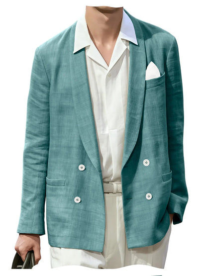 Summer Cotton Linen Blend Men Blazer Double Breasted Casual Suit Jacket Lightweight Soft Elegant Dress Coat For Prom Work Party