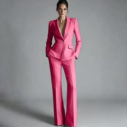 Elegant Women's One-Button Jacket+Pants Suit Set Classic Pink Peaked Lapel 2 Piece Formal Business Wedding Guest Outfit