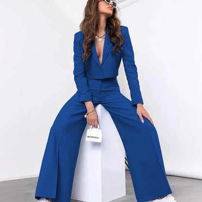 Single-grain Buckle Women Suit Two Pieces(Short Jacket+Pants) Peaked Lapel Office Lady for Business Daily Shopping Set Custom