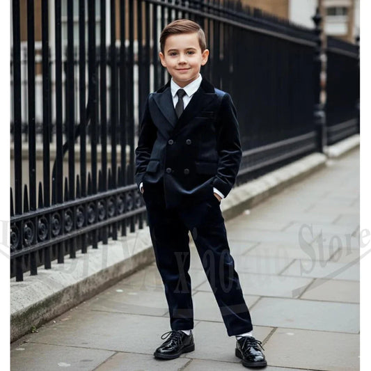 Dark Navy Velvet Boys Suit Double Breasted 2 Piece Wedding Prom Party Pageant Outfit Elegant Tailored Comfortable Fit Kids Wear