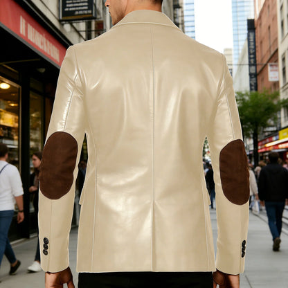 Men's Shiny Leather Blazer with Suede Elbow Patches Slim Fit 2-Button Notch Lapel Suit Jacket Streetwear Casual Party Sport Coat