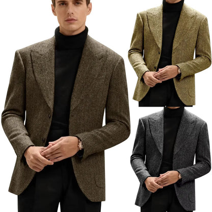 Classic Italian Men's Suit Jacket, Single Breasted, Autumn Winter Retro Warm Suit Men Herringbone Business Casual Men's Clothing