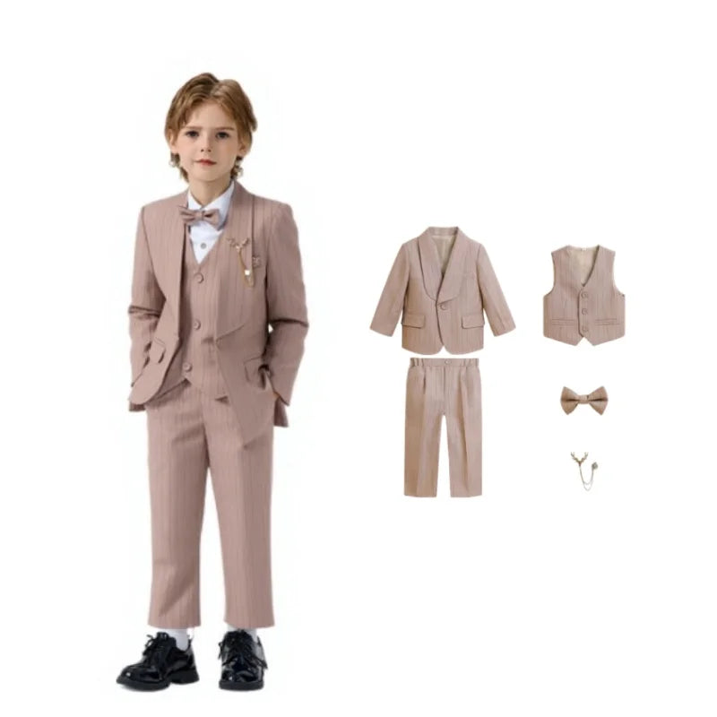Kids Striped Suit Set Flower Boys Wedding Outfit Children's Jacket Vest Pants Bowtie Brooch 5Pieces Spring Autumn Clothes Set