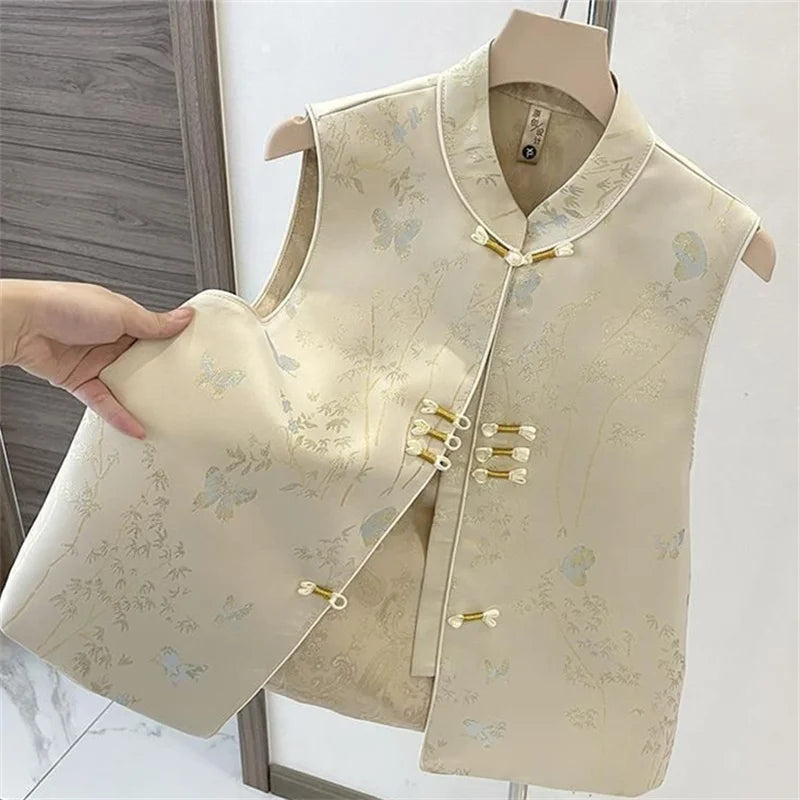 Chinese Style Vest Jacket Women's Spring Autumn 2026 New Sleeveless Coat New Buckle Thin Waistcoat Ladies Fashion Cardigan Tops