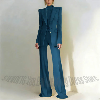 Women Pant Suit 2 Piece Set Office Female Business Work Formal Jacket Trouser One Button Chic Yellow Peaked Lapel Elegant Suit