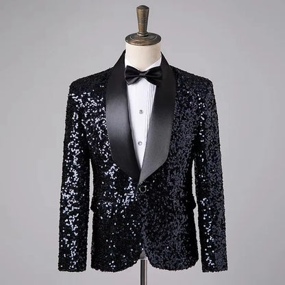 Men's Fashion Slim Fit Sequin Suit Jacket Shawl Formal Lapel Tuxedo Wedding Banquet Host Singer Nightclub Bar Stage Performance
