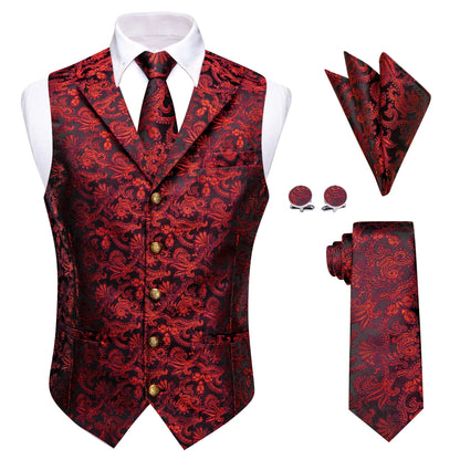 Men's Suit Vest Set with Tie Hanky and Cufflinks – Royal Red Paisley Waistcoat for Wedding and Business