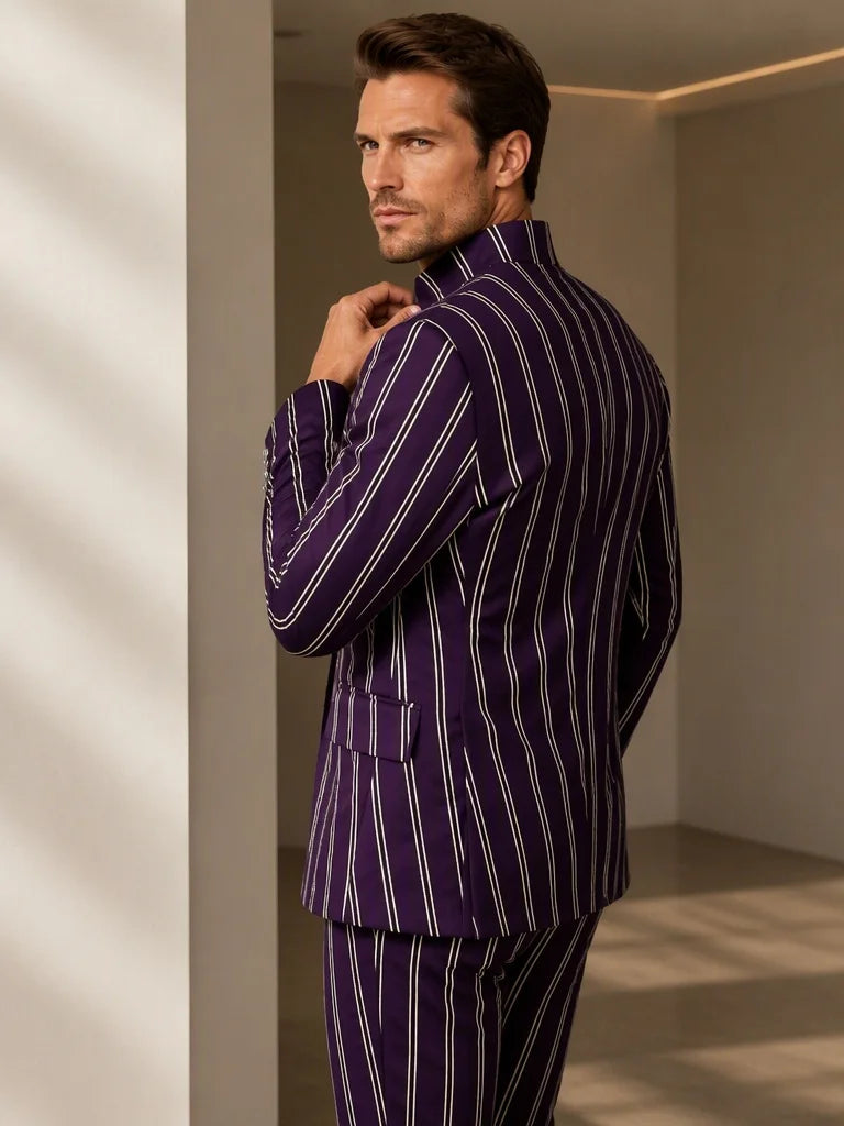 Men's Casual Business Striped 2 Piece Suit Stand Collar Double Breasted Slim Fit Wedding Groom Blazer Pants Set Formal Party Men
