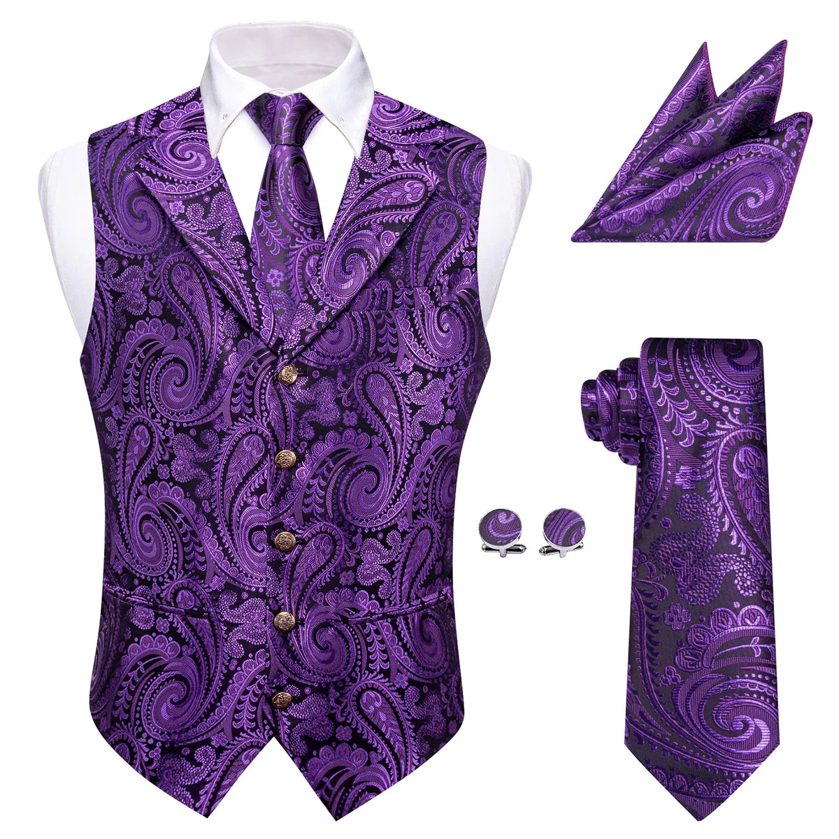 Men's Vest 4-Piece Matching Set with Paisley Lapel for Prom and Banquet Occasions