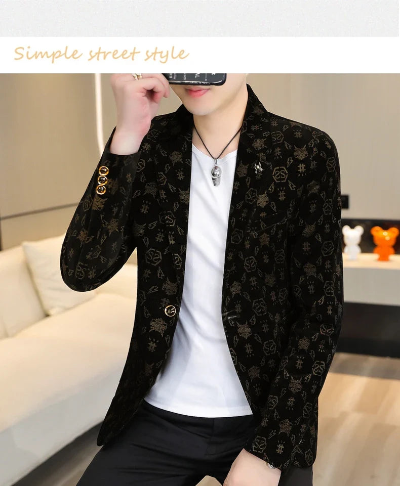 Blazer New Men's Fashion Corduroy Business Gentleman Slim Letter English Style Outdoor Performance Wedding Banquet Casual Blazer