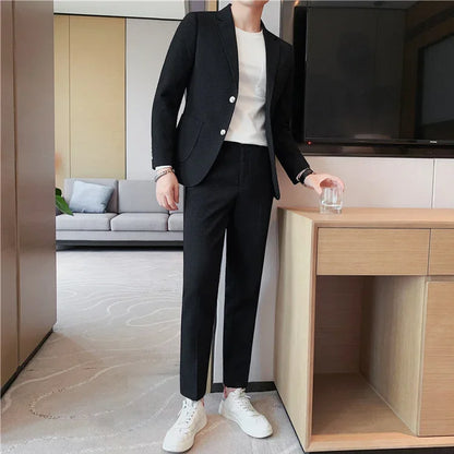 2025 New Waffle Blazers +Pant 2 Piece Set Men Fashion Business Slim Fit Solid Tuxedo Groom Wedding Prom Wear Casual Men's Sets