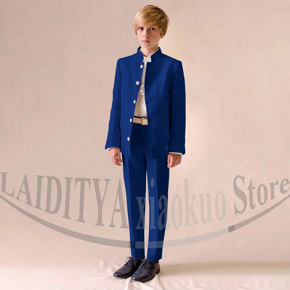 Chic Linen Boy Suits Fashion Stand Collar Single Breasted Blazer with Pants Formal Wedding Tuxedo Daily Casual Kids Clothes