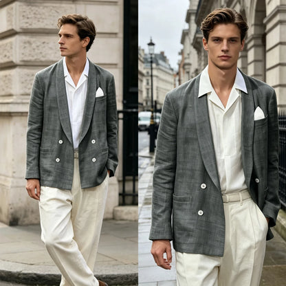 Summer Cotton Linen Blend Men Blazer Double Breasted Casual Suit Jacket Lightweight Soft Elegant Dress Coat For Prom Work Party