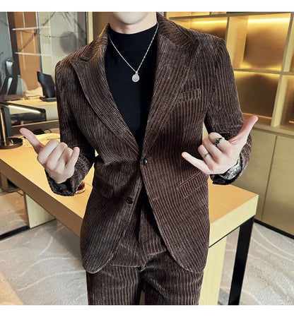 ( Jacket+Pants) Men Corduroy Suit Two-Piece Set High Quality Italian Style Business Suit Luxury Men Formal Wedding Groom Tuxedos