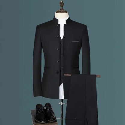 Ensemble de costume classique pour homme, smoking d'affaires chinois, revers montagne, 3 pièces, de haute qualité, pour mariage ou soirée, blazer + pantalon
