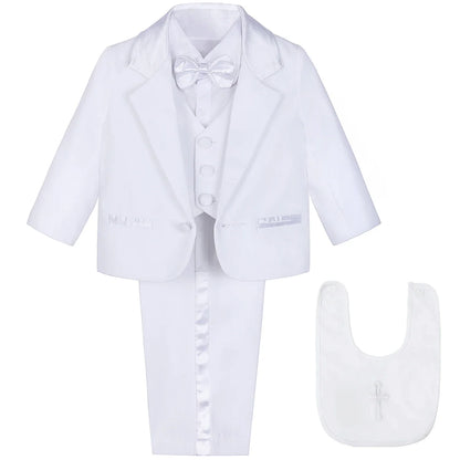 Baby Boy Baptism Outfit Infant White Christening Suit with Hat Toddler Wedding Birthday Party Clothing Long Sleeved Tuxedo 5PCS