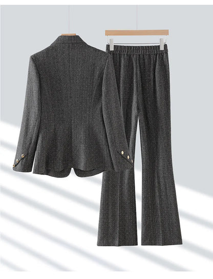 Fashion Women Suits 2024 New Autumn Winter Temprament Business Formal Slim Blazer And Flare Pants Office Ladies Work Wear