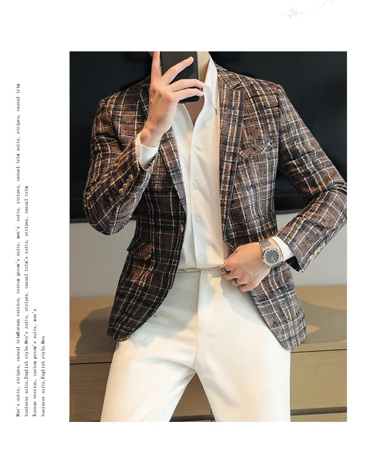 British Style Plaid Woven Casual Suit Jacket for Men Slim Fit Business Social Dress Coats Wedding Party Banquet Office Blazers