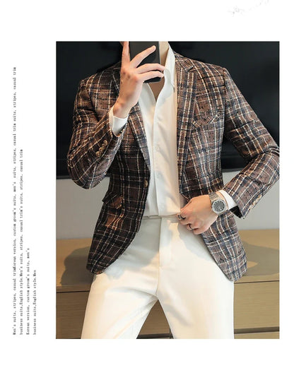 British Style Plaid Woven Casual Suit Jacket for Men Slim Fit Business Social Dress Coats Wedding Party Banquet Office Blazers