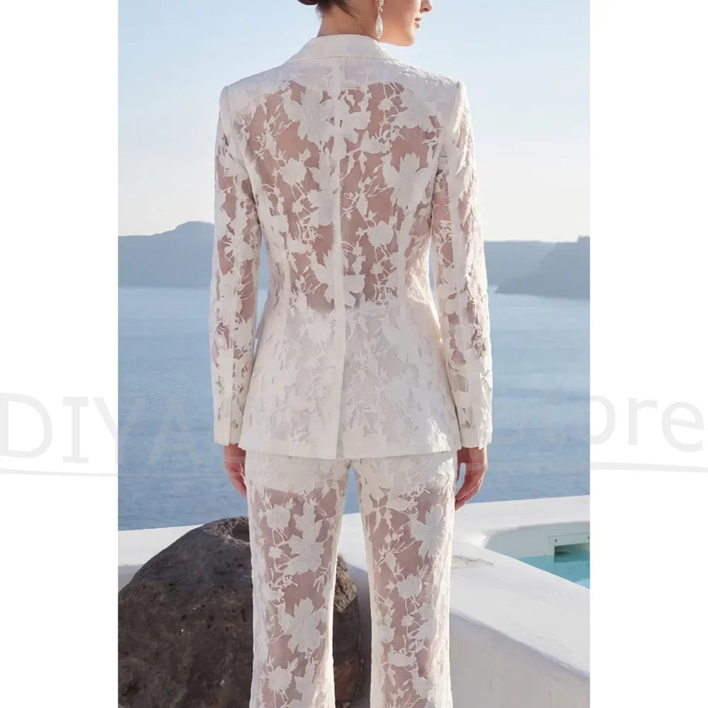 White Floral Lace Women Suit Fashion Blazer and Pants Elegant Formal Wedding Evening Party Cocktail Luxury Two Piece Outfit